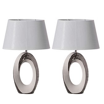 Decorative Ceramic Table Lamp, With Silver And White Oval Stand And White Cotton Lampshade, Set Of 2