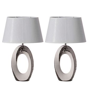 Decorative Ceramic Table Lamp, With Silver And White Oval Stand And White Cotton Lampshade, Set Of 2