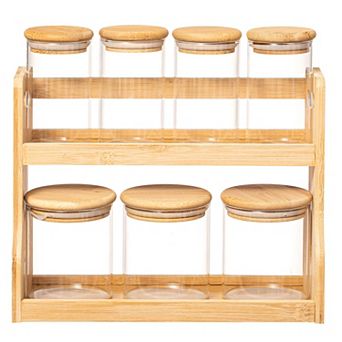 Basicwise Versatile 2 tier Bamboo Spice Rack and Pantry Organizer with 7 Glass Jars