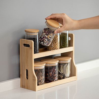 Basicwise Versatile 2-Tier Bamboo Spice Rack and Pantry Organizer with 7 Glass Jars