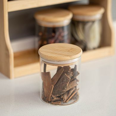 Basicwise Versatile 2-Tier Bamboo Spice Rack and Pantry Organizer with 7 Glass Jars