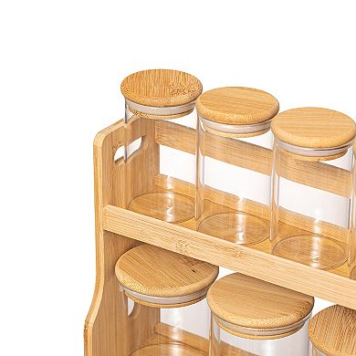 Basicwise Versatile 2-Tier Bamboo Spice Rack and Pantry Organizer with 7 Glass Jars