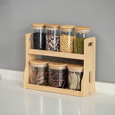 Basicwise Versatile 2-Tier Bamboo Spice Rack and Pantry Organizer with 7 Glass Jars