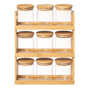 Basicwise Versatile 3 tier Bamboo Spice Rack and Pantry Organizer with 9 Glass Jars