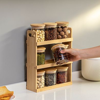Basicwise Versatile 3-Tier Bamboo Spice Rack and Pantry Organizer with 9 Glass Jars