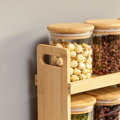 Basicwise Versatile 3-Tier Bamboo Spice Rack and Pantry Organizer with 9 Glass Jars
