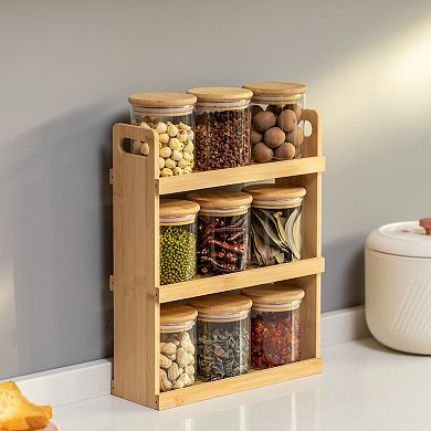 Basicwise Versatile 3-Tier Bamboo Spice Rack and Pantry Organizer with 9 Glass Jars