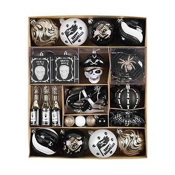 Halloween Christmas Tree Ornaments Set, 70 pc Black & White Gothic Ornaments