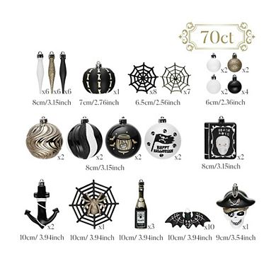 Halloween Christmas Tree Ornaments Set, 70-Piece Black & White Gothic Ornaments