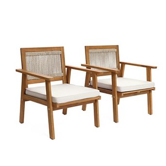LuxenHome Outdoor Acacia Wood Rope Back Armchairs with Cushions, Set of 2