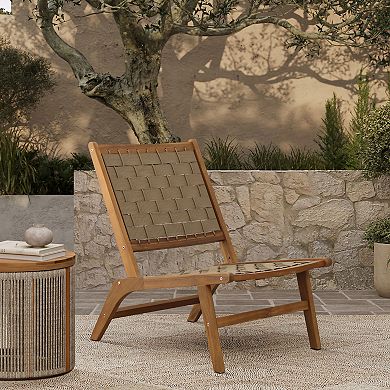 LuxenHome Outdoor Acacia Wood Woven Back and Seat Armless Deck Chair