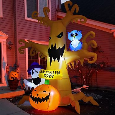 GOOSH 8FT Halloween Inflatables Dead Tree with Owl Ghosts and Pumpkins with Built-in LEDs