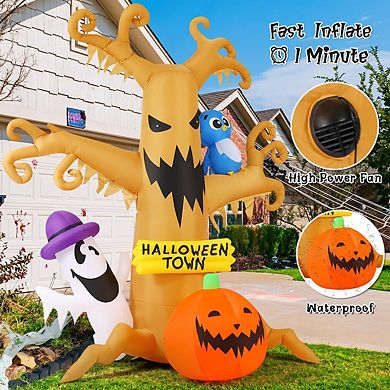 GOOSH 8FT Halloween Inflatables Dead Tree with Owl Ghosts and Pumpkins with Built-in LEDs