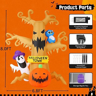 GOOSH 8FT Halloween Inflatables Dead Tree with Owl Ghosts and Pumpkins with Built-in LEDs