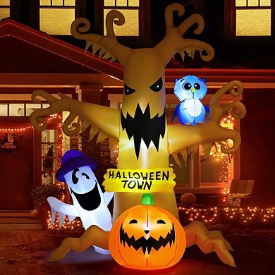 GOOSH 8FT Halloween Inflatables Dead Tree with Owl Ghosts and Pumpkins with Built-in LEDs
