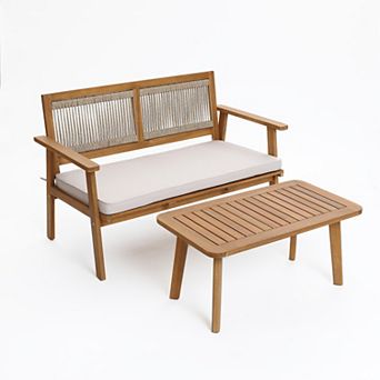LuxenHome Outdoor Acacia Wood Rope Back Loveseat with Cushions and Coffee Table Set