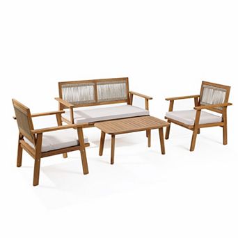 LuxenHome Outdoor Acacia Wood Rope Back 4 pc Patio Seating with Cushions and Coffee Table Set
