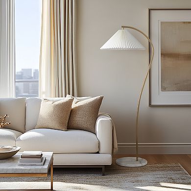 Brightech Athena 60" Gold LED Floor Lamp with Natural Marble Base and Fabric Pleated Shade