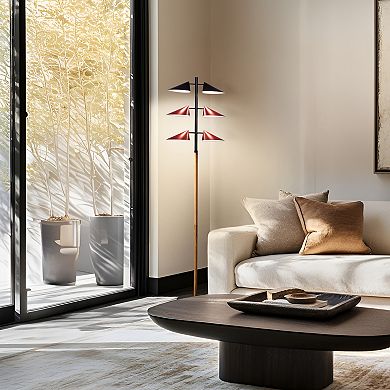 Brightech Ivo 65" LED Japandi-Inspired Floor Lamp With Oak Stem And Red Shades