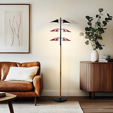 Brightech Ivo 65" LED Japandi-Inspired Floor Lamp With Oak Stem And Red Shades