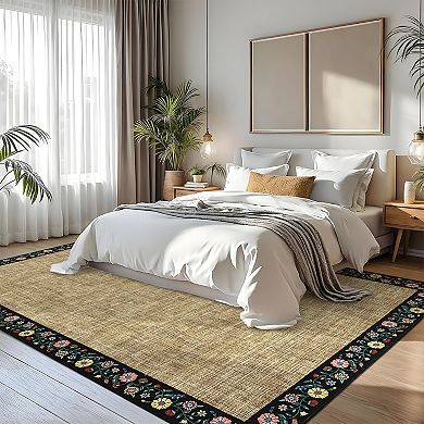 Garvee Modern Solid Color Rug with Floral Frame Machine Washable Non Slip Rug for Bedroom Kitchen