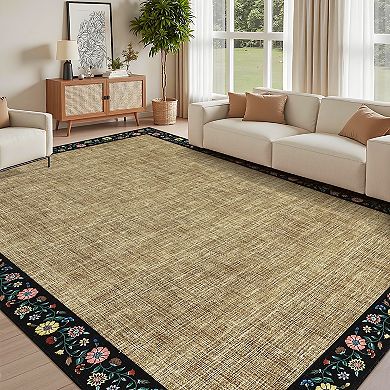 Garvee Modern Solid Color Rug with Floral Frame Machine Washable Non Slip Rug for Bedroom Kitchen