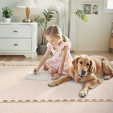Garvee Ruffled Border Washable Area Rug Solid Color Non Slip Low Pile Rug for Bedroom Kitchen