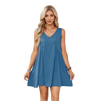 Women's Sleeveless Loose Swing V Neck Mini Dress Summer Casual Ruffled Sundress with Pockets