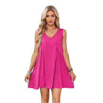 Women's Sleeveless Loose Swing V Neck Mini Dress Summer Casual Ruffled Sundress with Pockets