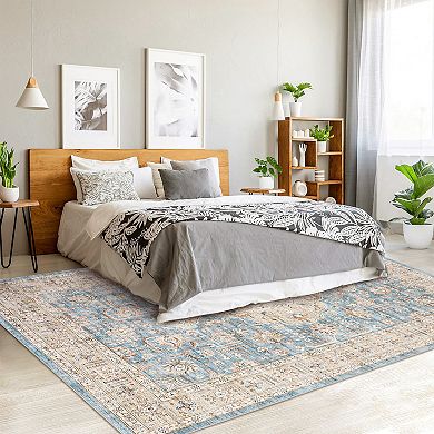 Garvee Distressed Floral Print Washable Area and Vintage Throw Rug