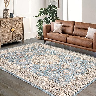 Garvee Distressed Floral Print Washable Area and Vintage Throw Rug