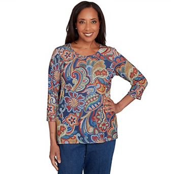 Petite Alfred Dunner Stitched Floral Pleated Neck Top