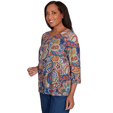 Petite Alfred Dunner Stitched Floral Pleated Neck Top