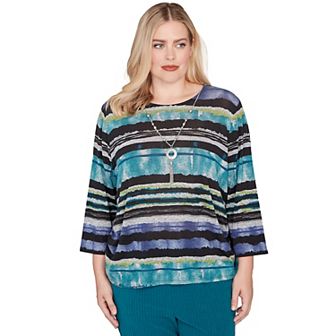 Petite Alfred Dunner Biadere Melange Stripe Top with Necklace
