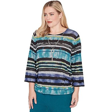 Petite Alfred Dunner Biadere Melange Stripe Top with Necklace