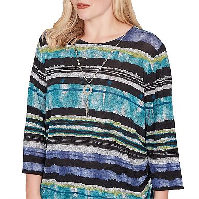 Petite Alfred Dunner Biadere Melange Stripe Top with Necklace