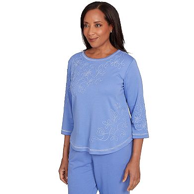 Petite Alfred Dunner Asymmetrical Floral Embroidered Detail Top