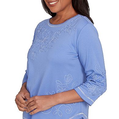 Petite Alfred Dunner Asymmetrical Floral Embroidered Detail Top