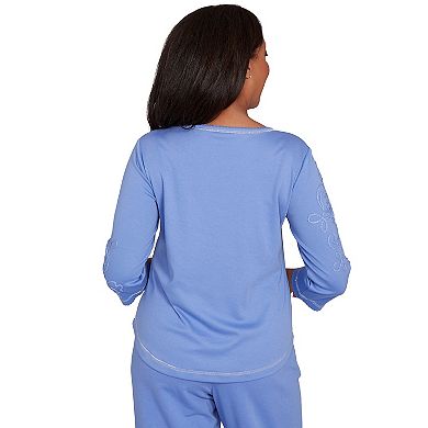 Petite Alfred Dunner Asymmetrical Floral Embroidered Detail Top