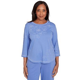 Petite Alfred Dunner Asymmetrical Floral Embroidered Detail Top