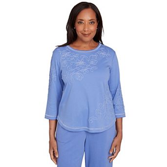 Petite Alfred Dunner Asymmetrical Floral Embroidered Detail Top