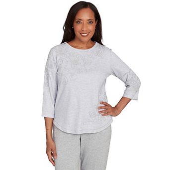 Petite Alfred Dunner Asymmetrical Floral Embroidered Detail Top