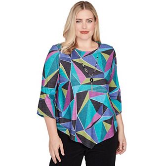 Petite Alfred Dunner Abstract Stained Glass Top with Necklace