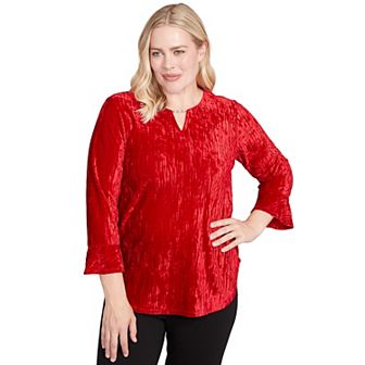 Petite Alfred Dunner Crushed Velvet Henley Tie Sleeve Top
