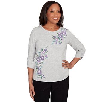 Petite Alfred Dunner Embroidered Flowers Side Tie Ruched Top