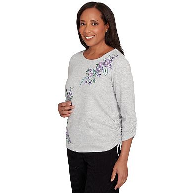 Petite Alfred Dunner Embroidered Flowers Side Tie Ruched Top