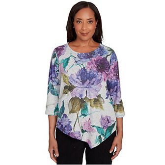 Petite Alfred Dunner Asymmetrical Watercolor Flower Top