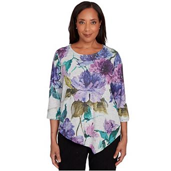 Petite Alfred Dunner Asymmetrical Watercolor Flower Top