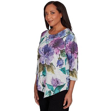 Petite Alfred Dunner Asymmetrical Watercolor Flower Top