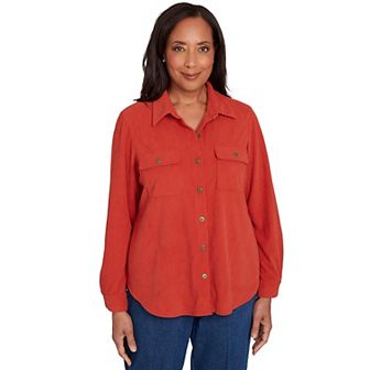 Petite Alfred Dunner Plush Ribbed Oversized Button Front Top